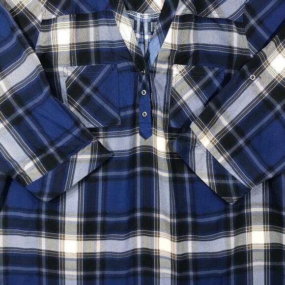 Torrid Harper Blouse Women's 2 Blue Plaid Pullover Tunic Top 3/4 Sleeve Roll Tab - Picture 7 of 15